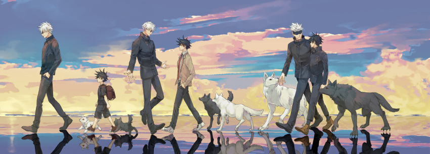 2boys absurdres age_progression animal backpack bag bangs black_footwear black_hair black_jacket black_pants black_shirt black_shorts blazer blindfold brown_footwear brown_jacket covered_eyes dog full_body fushiguro_megumi gakuran gojou_satoru hands_in_pockets high_collar highres jacket jujutsu_kaisen long_sleeves looking_at_another looking_away male_focus multiple_boys necktie pants profile puppy randoseru red_neckwear round_eyewear satsuki_g school_uniform shirt shoes short_hair short_sleeves shorts sky spiky_hair standing sunglasses twilight walking white_footwear white_hair