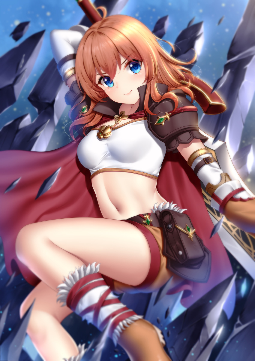 1girl ahoge arm_up belt belt_pouch blue_eyes boots breasts brown_footwear brown_shorts cape crop_top highres holding holding_sword holding_weapon long_hair looking_at_viewer medium_breasts midriff muimi navel orange_hair pouch princess_connect! princess_connect!_re:dive shirt short_shorts short_sleeves shorts smile solo stomach sword thighs v-shaped_eyebrows weapon white_shirt wsman