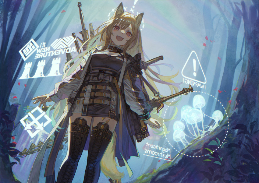 1girl animal_ears arknights baggy_clothes bangs black_footwear blonde_hair boots ceobe_(arknights) commentary_request dog_ears dog_girl dog_tail forest highres jacket ji_mag_(artist) long_hair long_sleeves multicolored multicolored_clothes multicolored_jacket multiple_weapons mushroom nature open_mouth smile solo sword tail thigh-highs thigh_boots tree violet_eyes weapon