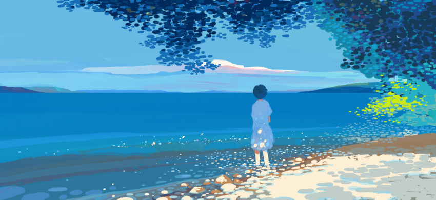 1girl bangqiao_yan black_hair blue_sky chinese_commentary clouds commentary_request dappled_sunlight dress from_behind horizon leaf original short_hair short_sleeves sky solo standing sunlight tree white_dress wide_shot