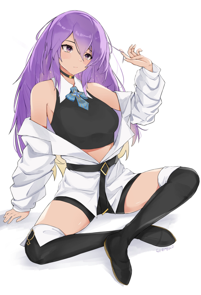 1girl absurdres belt black_belt blonde_hair blush boots breasts crossed_legs english_commentary gelo gradient_hair hair_between_eyes hand_on_ground head_tilt highres hololive hololive_indonesia jacket leaning_back long_hair looking_up medium_breasts moona_hoshinova multicolored_hair off_shoulder purple_hair sitting solo thigh-highs thigh_boots very_long_hair violet_eyes virtual_youtuber white_jacket