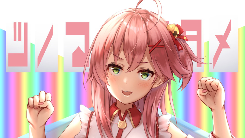 ahoge bell eyebrows_visible_through_hair green_eyes hair_bell hair_between_eyes hair_ornament hairclip highres hololive looking_at_viewer merxkialis nail_polish open_mouth pink_hair pink_nails rock_paper_scissors sakura_miko upper_teeth v-shaped_eyebrows virtual_youtuber x_hair_ornament