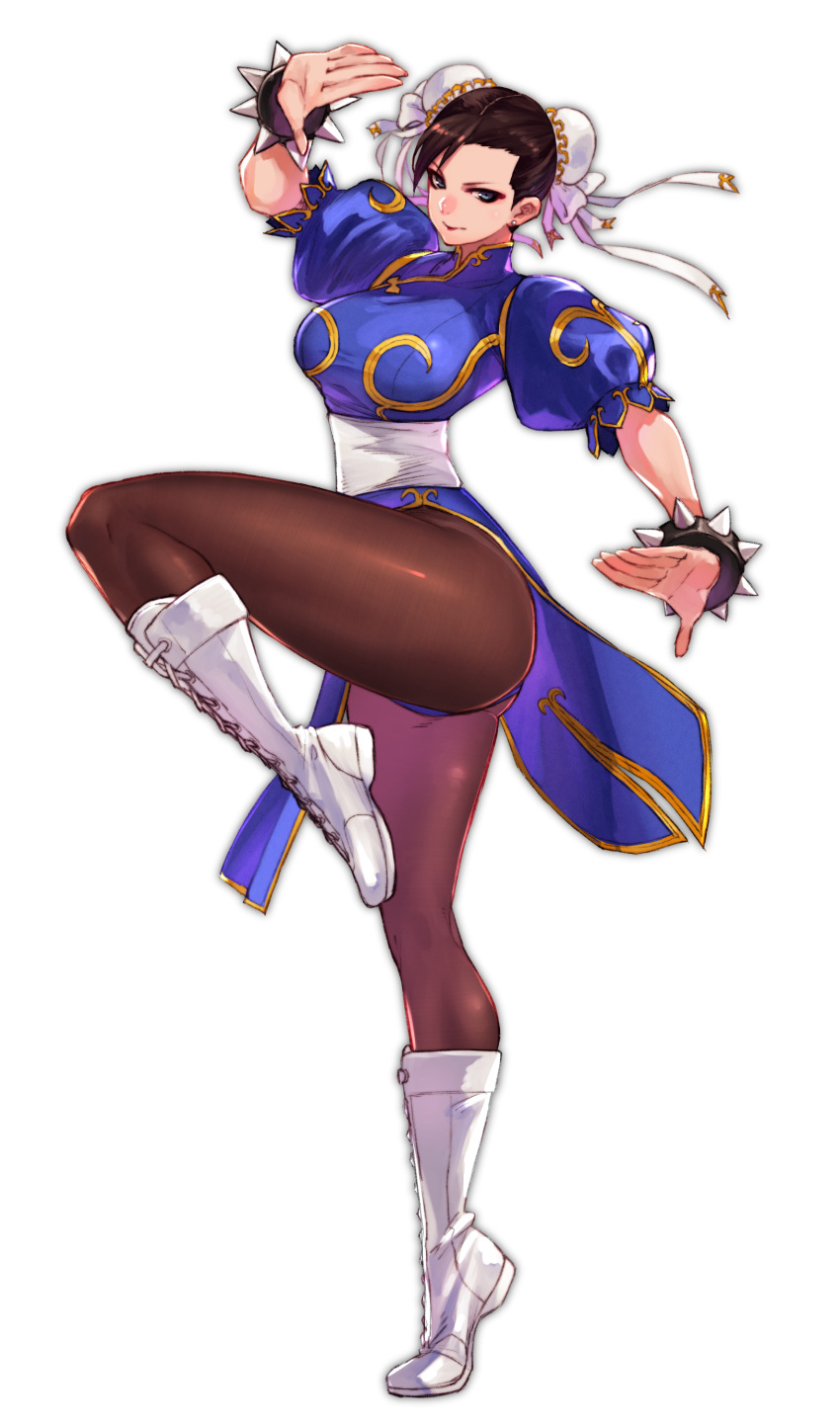 1girl absurdres bangs blue_eyes boots bracelet breasts brown_hair brown_legwear bun_cover china_dress chinese_clothes chun-li closed_mouth commentary_request cross-laced_footwear double_bun dress earrings fighting_stance full_body gold_trim hair_ornament highres jewelry knee_boots lace-up_boots leg_up lips looking_at_viewer medium_breasts pantyhose pelvic_curtain puffy_short_sleeves puffy_sleeves shiny shiny_clothes shiny_hair shiny_skin short_sleeves simple_background solo spiked_bracelet spikes standing standing_on_one_leg street_fighter street_fighter_ii_(series) tied_hair tsuyoshi_takaki white_background white_footwear