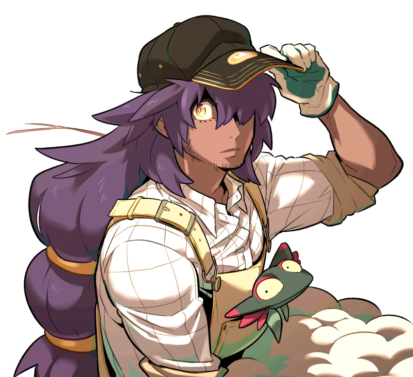 1boy bangs collared_shirt commentary_request dreepy facial_hair from_side gloves hair_over_one_eye hand_on_headwear hand_up highres korean_commentary leon_(pokemon) long_hair looking_to_the_side male_focus overalls pokemon pokemon_(creature) pokemon_(game) pokemon_swsh purple_hair redlhzz shirt sleeves_rolled_up white_background