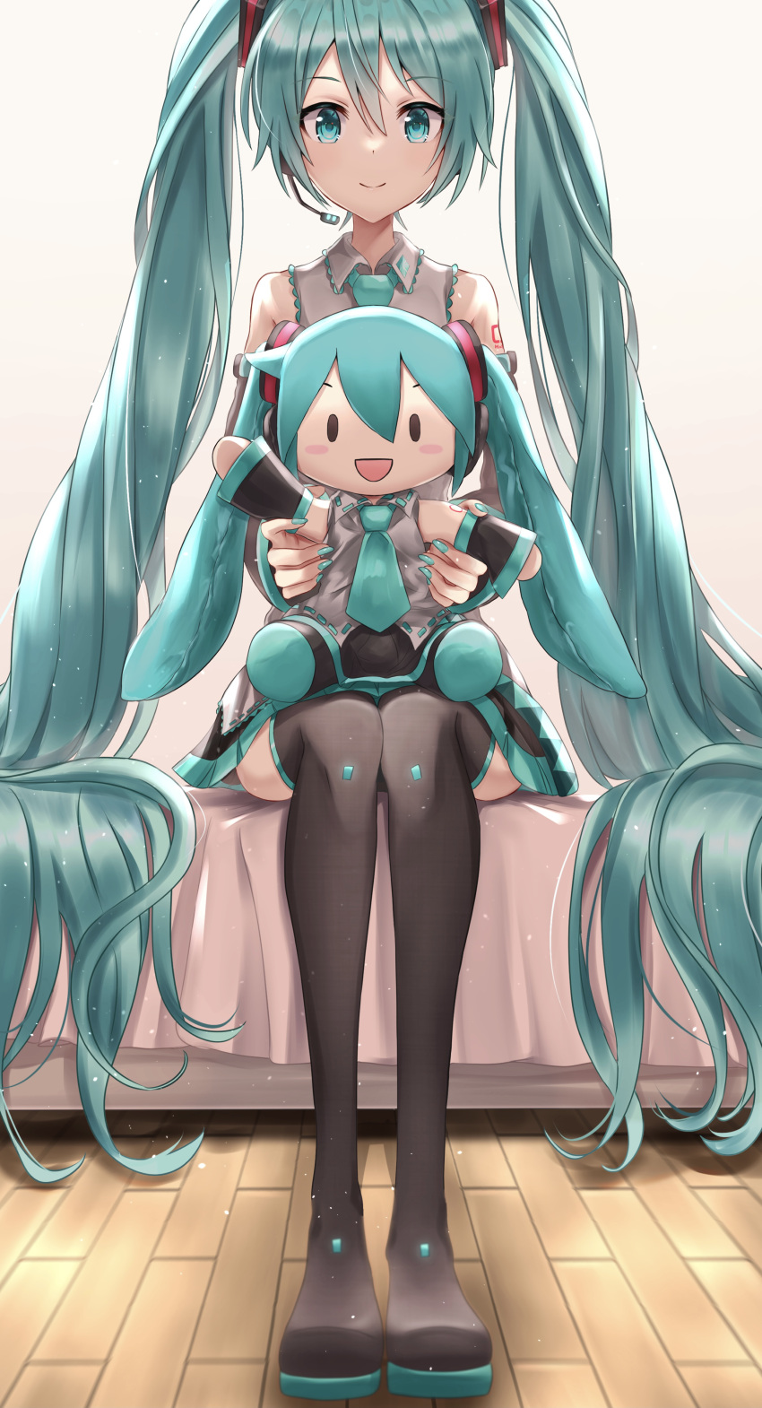 1girl :d absurdres aqua_eyes aqua_hair aqua_nails aqua_neckwear bare_shoulders bed black_legwear black_skirt black_sleeves blush_stickers character_doll commentary detached_sleeves doll full_body grey_shirt hair_ornament hand_up hatsune_miku headphones headset highres holding holding_doll holding_stuffed_toy itogari long_hair looking_at_viewer miniskirt nail_polish necktie open_mouth pleated_skirt sanpati_(style) shirt shoulder_tattoo sitting skinny skirt sleeveless sleeveless_shirt smile solid_oval_eyes solo sparkle stuffed_toy tattoo thigh-highs twintails very_long_hair vocaloid waving wooden_floor zettai_ryouiki