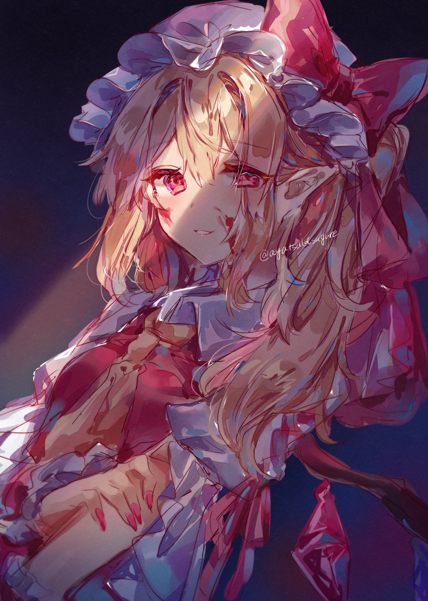 1girl absurdres ayatsuki_sugure bangs blonde_hair blood blood_on_face bow crystal eyebrows_visible_through_hair fingernails flandre_scarlet frilled_hat frills hair_between_eyes hat hat_bow highres long_hair looking_at_viewer mob_cap nail_polish parted_lips pointy_ears red_eyes red_nails red_vest sharp_fingernails shirt touhou twitter_username vest white_headwear white_shirt wings