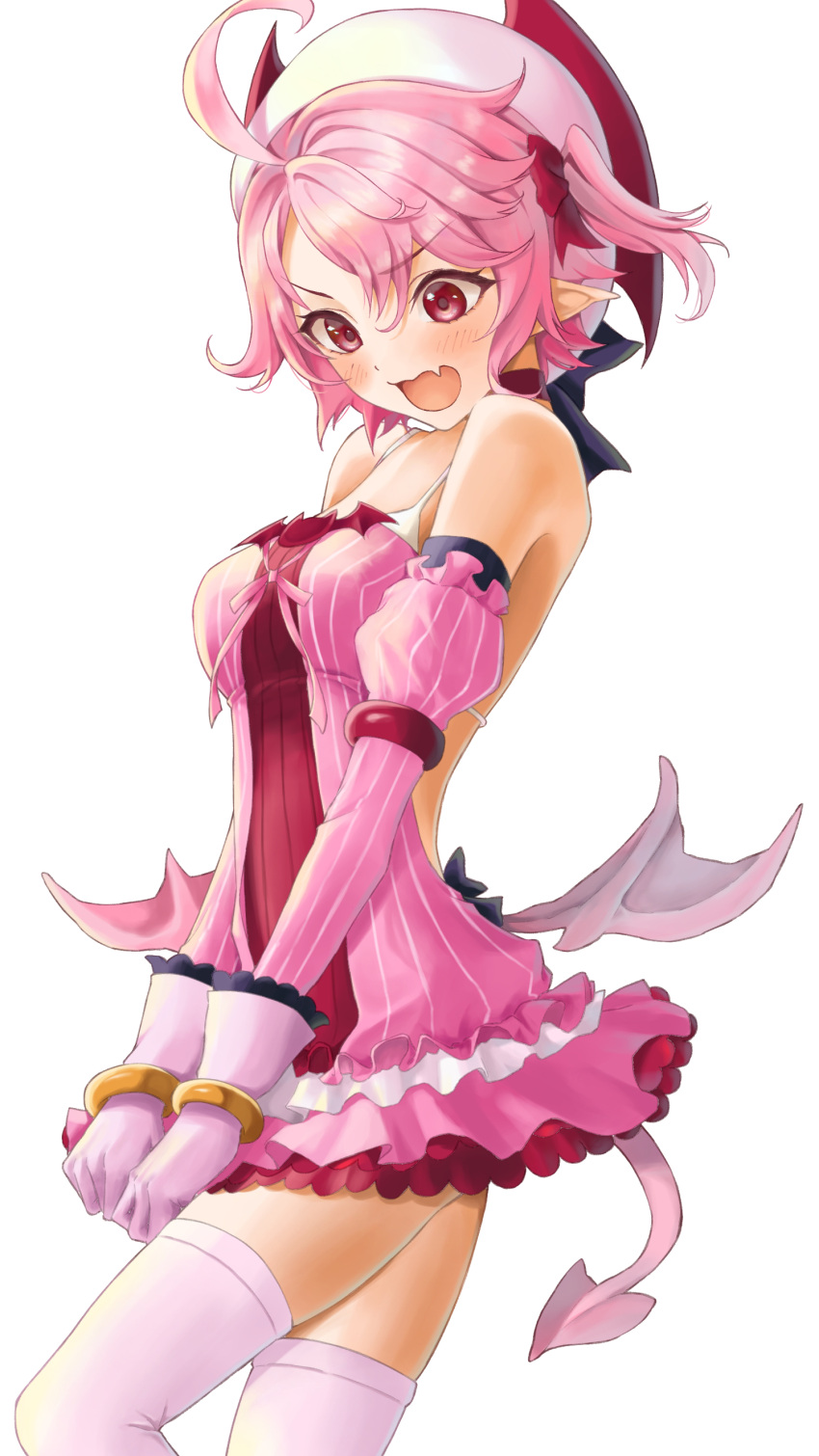 1girl absurdres ahoge angry arm_warmers bow bracelet covering cowboy_shot disgaea dress gloves hair_bow hat highres huziko32 jewelry majolaine_(disgaea) makai_senki_disgaea_6 open_mouth pink_dress pink_hair pink_sleeves pointy_ears red_bow red_eyes short_hair side_ponytail simple_background sleeveless sleeveless_dress solo standing striped tail thigh-highs vertical-striped_dress vertical_stripes white_background white_gloves white_headwear white_legwear wings zettai_ryouiki