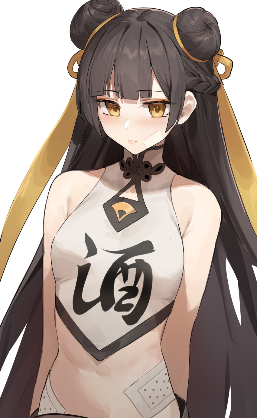 1girl absurdres bandaid bandaid_on_face black_hair black_survival blush breasts chinese_clothes closed_mouth commentary cooling_pad crop_top double_bun eyebrows_visible_through_hair hair_ribbon highres li_dailin lips long_hair looking_at_viewer medium_breasts midriff ribbon shirt simple_background sleeveless sleeveless_shirt solo star741 straight_hair upper_body white_background white_shirt yellow_eyes yellow_ribbon