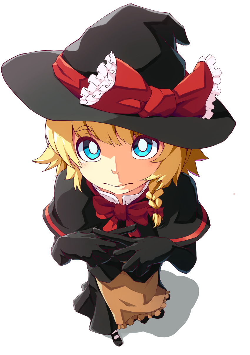 1girl absurdres bangs black_capelet black_dress black_footwear black_gloves black_headwear blonde_hair blue_eyes bow bowtie braid bright_pupils capelet closed_mouth commentary_request cookie_(touhou) dress elbow_gloves eyebrows_visible_through_hair frilled_bow frills from_above full_body gloves hair_bow hat hat_bow highres kirisame_marisa looking_at_viewer meguru_(cookie) own_hands_together red_bow red_neckwear short_hair simple_background single_braid solo standing sy4 touhou white_background white_pupils witch_hat