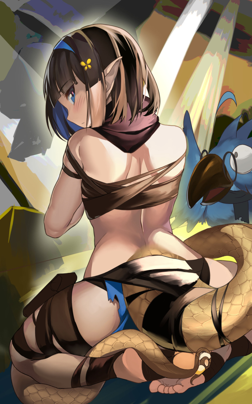 1girl arknights back bandeau bangs bird black_hair black_panties blue_eyes blue_hair blunt_bangs colored_inner_hair dutch_angle eunectes_(arknights) flower from_behind hair_flower hair_ornament highres kneeling looking_at_viewer multicolored_hair panties parrot pointy_ears sakurami_sumi scales scarf short_hair snake_tail soles solo spread_legs strapless tail thigh_strap thighs torn_clothes tubetop underwear