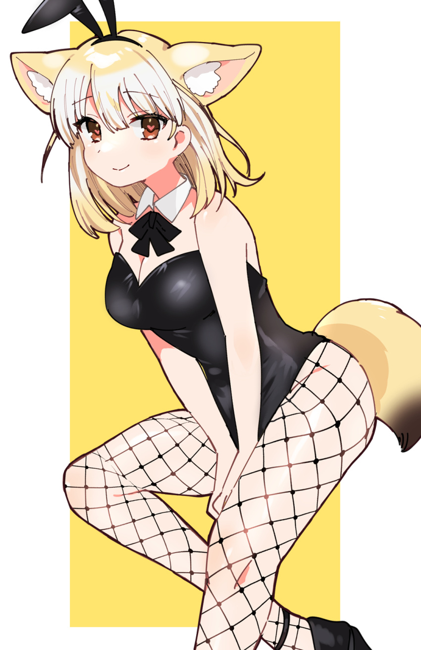 1girl alternate_costume animal_ears bare_arms bare_shoulders between_legs black_legwear black_leotard black_neckwear blonde_hair bow bowtie commentary_request detached_collar fake_animal_ears fennec_(kemono_friends) fishnets fox_ears fox_girl fox_tail hand_between_legs heart heart-shaped_pupils highres kemono_friends leotard looking_at_viewer multicolored_hair playboy_bunny rabbit_ears short_hair solo strapless strapless_leotard suicchonsuisui symbol-shaped_pupils tail white_hair