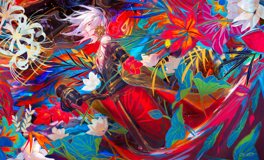 1boy chest_jewel closed_eyes colorful egawa_akira fate/apocrypha fate_(series) flower gold highres holding_vase jewelry karna_(fate) leaf male_focus pale_skin short_hair skinny solo vase white_hair