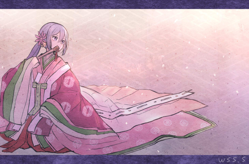 1girl akebono_(kancolle) alternate_costume bell closed_fan commentary_request fan flower folding_fan hair_bell hair_flower hair_ornament japanese_clothes jingle_bell kantai_collection kimono layered_clothing layered_kimono long_hair looking_to_the_side negative_space purple_hair side_ponytail solo very_long_hair violet_eyes wss_(nicoseiga19993411)