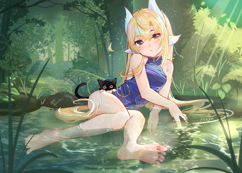 1girl animal_ears bangs bare_legs bare_shoulders barefoot black_cat blonde_hair blue_dress blush breasts cat china_dress chinese_clothes commentary_request day dress eyebrows_visible_through_hair eyes_visible_through_hair feet forest highres long_hair looking_at_viewer lying moyamoya_(moya11158375) multicolored multicolored_eyes nature on_side original partially_submerged plant pond sidelocks signature small_breasts solo toes tree very_long_hair violet_eyes water yellow_eyes