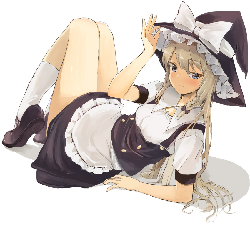 1girl alternate_eye_color apron bangs black_bow black_dress black_footwear black_headwear blonde_hair blue_eyes blush bow braid breasts closed_mouth commentary_request dress eyebrows_visible_through_hair full_body hair_bow hair_ribbon hand_on_headwear hat hat_bow highres kirisame_marisa knees_up leaning_back long_hair looking_at_viewer mary_janes ribbon shoes side_braid single_braid small_breasts smile solo touhou tress_ribbon white_apron white_bow white_legwear witch_hat yamabukiiro_(browncat)
