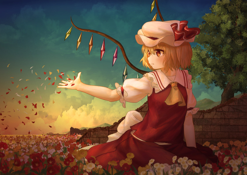 1girl absurdres arm_at_side arm_up blonde_hair blue_sky breasts brick_wall clouds commentary_request cravat daisy ekaapetto english_commentary expressionless field flandre_scarlet flower flower_field hair_between_eyes hat hat_ribbon highres looking_to_the_side mixed-language_commentary mob_cap mountain one_side_up outdoors outstretched_hand petals pink_headwear poppy_(flower) puffy_short_sleeves puffy_sleeves red_skirt red_vest ribbon ruins shirt short_hair short_sleeves sitting skirt sky small_breasts solo standing touhou twilight vest wariza white_shirt wings yellow_neckwear
