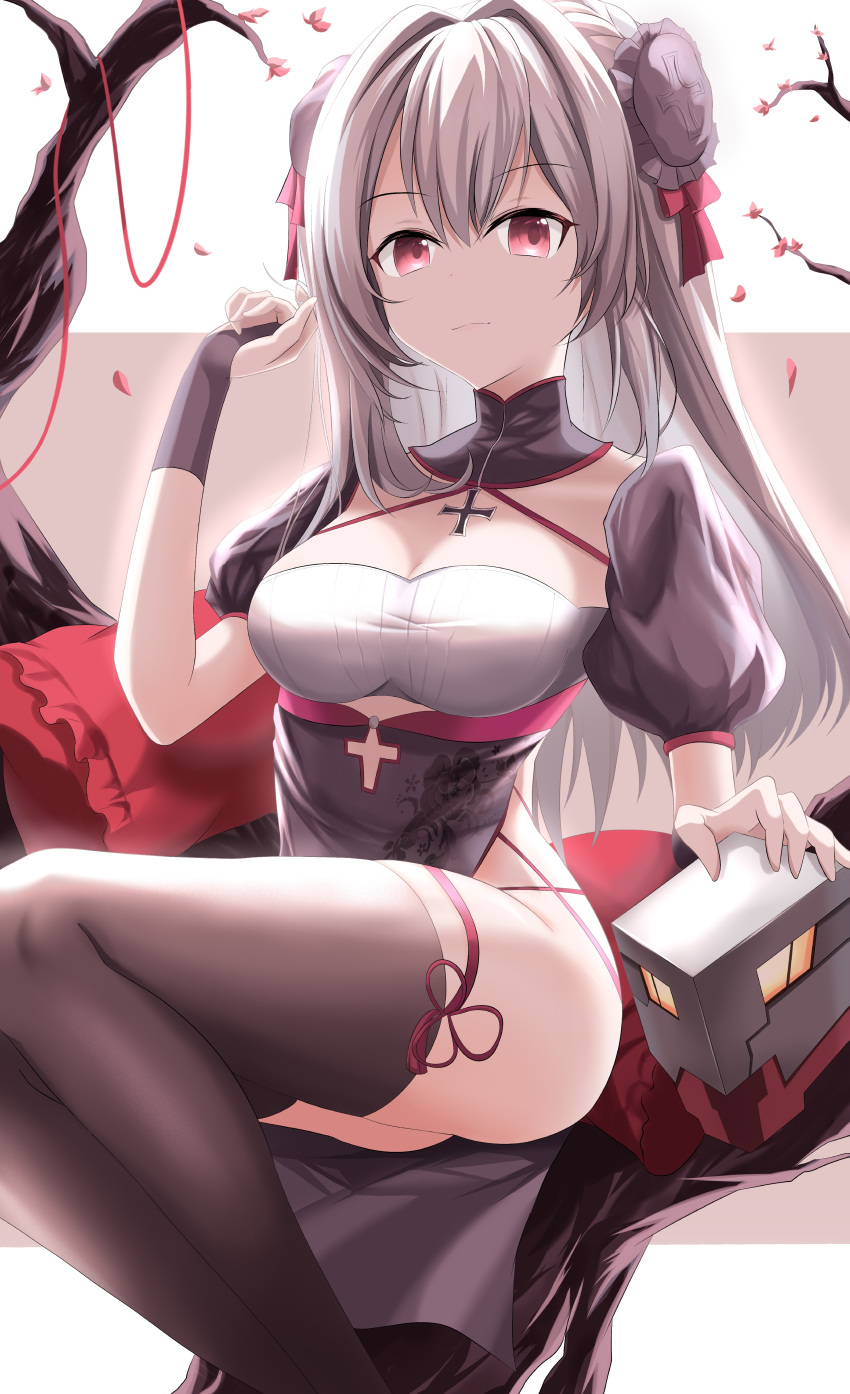 1girl absurdres azur_lane black_legwear breasts china_dress chinese_clothes closed_mouth cross cross_necklace dress eyebrows_visible_through_hair grey_hair hair_ornament hair_ribbon hand_up highres jewelry long_hair looking_at_viewer necklace proverbs_zhenyan red_eyes ribbon simple_background sitting small_breasts solo thigh-highs u-410_(azur_lane) u-410_(spring_festival_scheme)_(azur_lane)