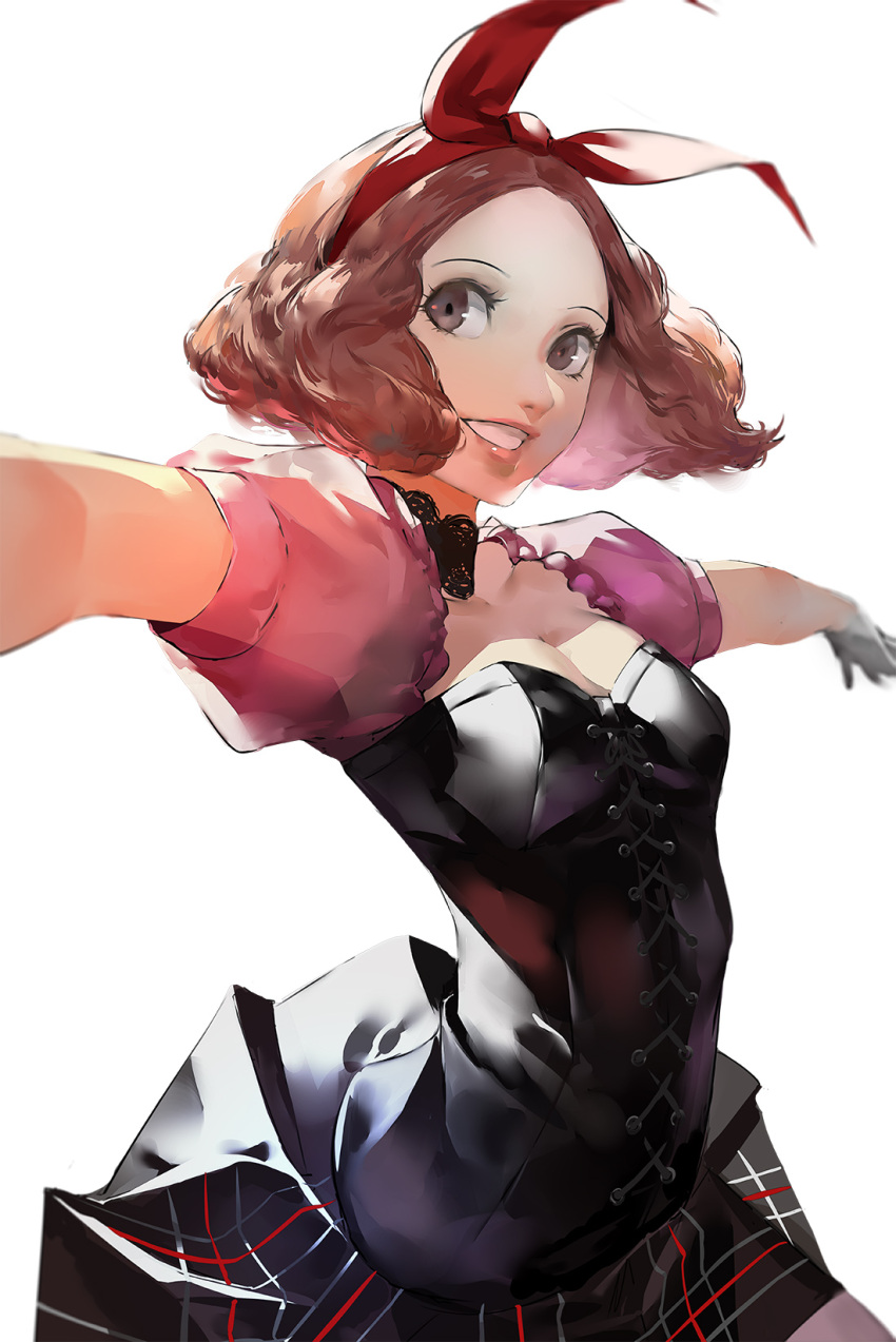 1girl blazpu bow breasts brown_eyes brown_hair english_commentary hair_bow highres looking_to_the_side okumura_haru persona persona_5 persona_5:_dancing_star_night persona_dancing red_bow short_hair small_breasts smile solo t-pose white_background