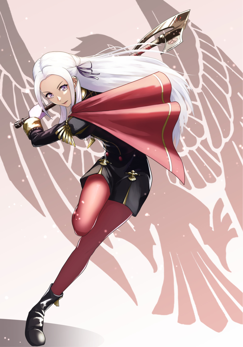 1girl absurdres axe black_eagles_logo black_footwear black_jacket boots cape commentary_request edelgard_von_hresvelg fire_emblem fire_emblem:_three_houses forehead garreg_mach_monastery_uniform gloves gradient gradient_background grey_background hair_ribbon highres holding holding_axe holding_weapon jacket long_hair long_sleeves pantyhose red_cape red_legwear ribbon silver_hair solo sukkirito_(rangusan) violet_eyes weapon white_gloves