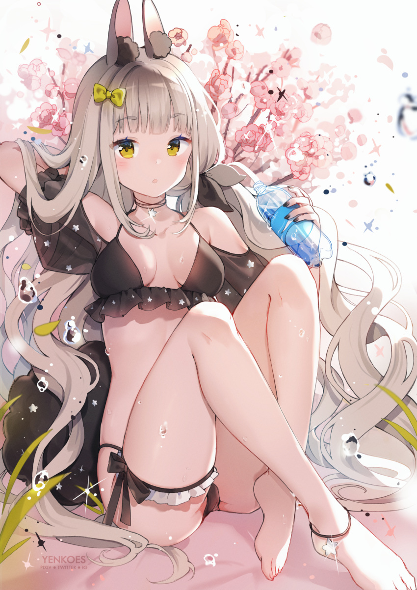 1girl :o animal_ear_fluff animal_ears anklet arm_behind_head arm_up bangs bare_shoulders barefoot bikini black_bikini blunt_bangs bottle bow breasts bunny_girl cherry_blossoms collarbone crossed_ankles eyebrows_visible_through_hair hair_bow highres holding jewelry knees_up leg_garter long_hair medium_breasts necklace original platinum_blonde_hair rabbit_ears short_sleeves sidelocks sitting star_(symbol) swimsuit swimwear symbol_commentary twintails water_bottle water_drop wavy_hair yellow_bow yellow_eyes yennineii
