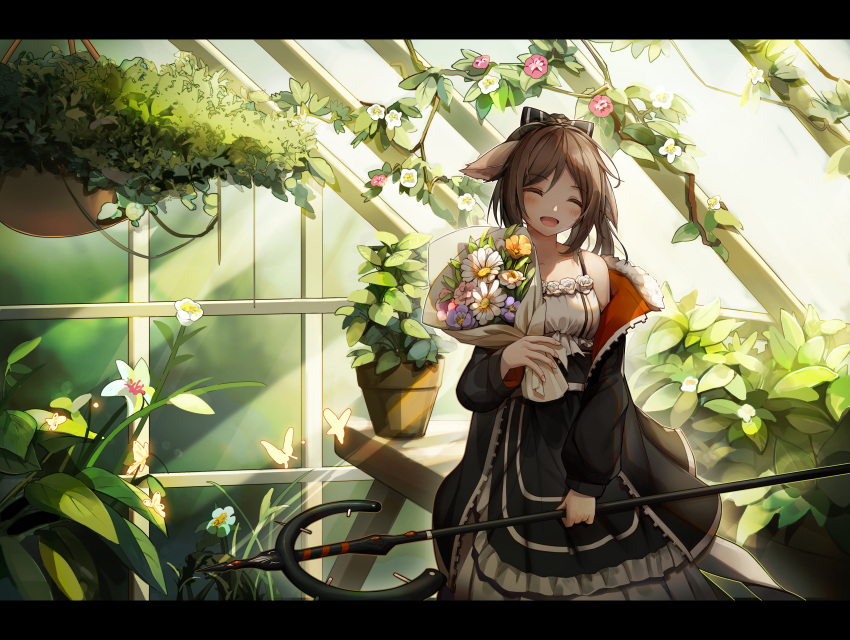 1girl ^_^ absurdres animal_ears arknights black_bow black_dress black_jacket blue_flower blush bouquet bow brown_hair bug butterfly closed_eyes dress flower fox_ears greenhouse hair_bow hanging_plant happy highres holding holding_bouquet holding_staff indoors insect jacket letterboxed light_rays medium_hair off_shoulder open_clothes open_jacket open_mouth perfumer_(arknights) pink_flower plant potted_plant purple_flower solo staff tied_hair white_flower yellow_flower zhonglllll