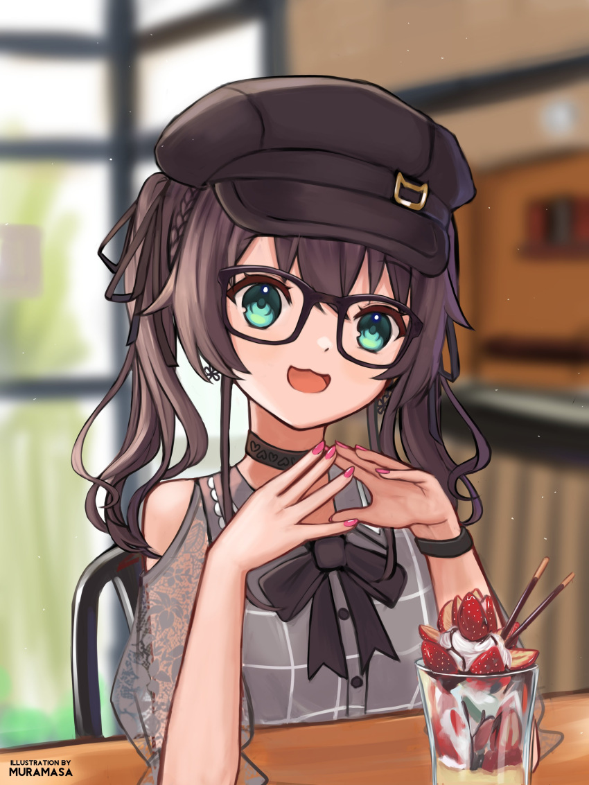 1girl :3 absurdres artist_name bangs black_bow black_choker black_headwear blurry blurry_background blush bow brown_hair choker cowlick eyebrows_visible_through_hair glasses green_eyes hands_together head_tilt highres hololive looking_at_viewer muramasa_dash natsuiro_matsuri open_mouth parfait pink_nails sitting smile solo twintails virtual_youtuber