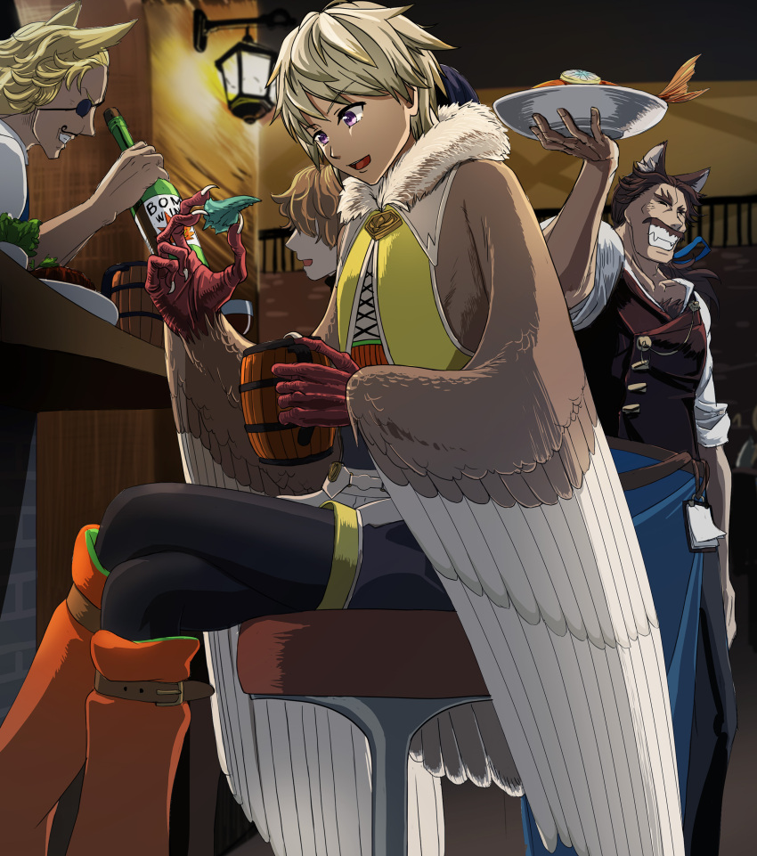 4boys :d absurdres alcohol animal_ears beer_mug blonde_hair boots brown_hair cup eyepatch facial_hair feathered_wings fish food highres indoors knee_boots lantern mimizuku_suana mug multiple_boys mustache open_mouth orange_footwear pixiv_fantasia_mountain_of_heaven sitting smile standing stool talons tray violet_eyes waiter wings wolf_ears
