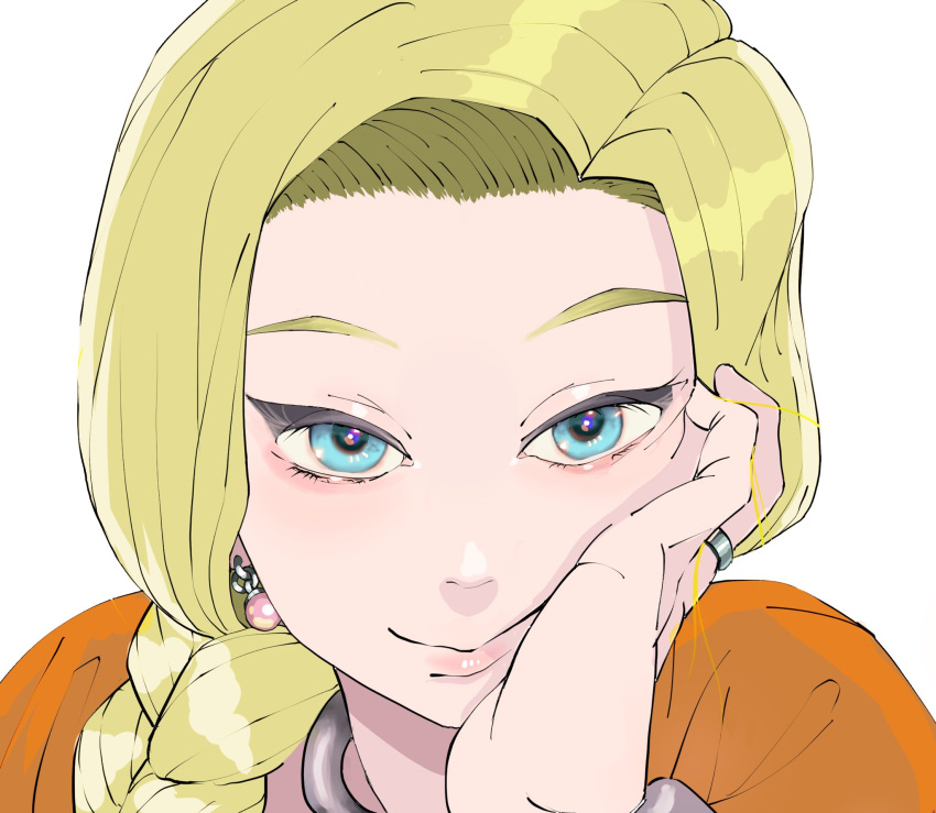 1girl bianca_(dq5) blonde_hair blue_eyes braid close-up closed_mouth dragon_quest dragon_quest_v earrings hair_over_shoulder head_rest highres jewelry long_hair looking_at_viewer peiroke ring side_braid simple_background smile solo wedding_band white_background