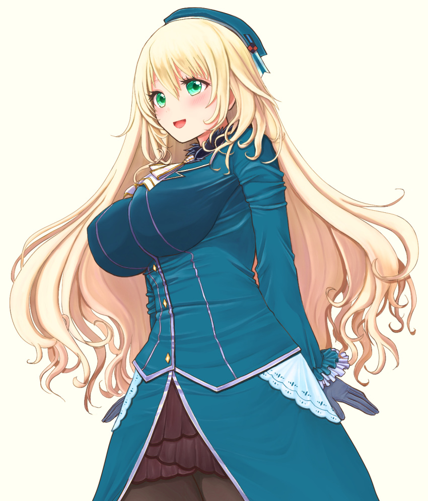 1girl ascot atago_(kancolle) beret black_gloves black_skirt blonde_hair blue_headwear blue_jacket blue_skirt blush breasts cowboy_shot eyebrows_visible_through_hair gloves green_eyes hair_between_eyes hat highres jacket kantai_collection large_breasts long_hair long_sleeves looking_at_viewer military military_uniform momonyadayo open_mouth pantyhose simple_background skirt smile solo standing uniform white_background