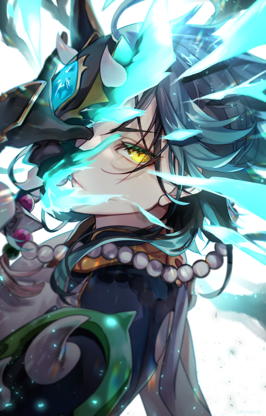 1boy absurdres ahoge armor artist_name bead_necklace beads commentary_request constricted_pupils covered_face energy face gem genshin_impact gloves green_hair half-closed_eyes hand_up highres holding holding_mask jewelry male_focus mask mimoontk necklace one_eye_covered refraction short_hair_with_long_locks shoulder_armor solo spikes xiao_(genshin_impact) yellow_eyes