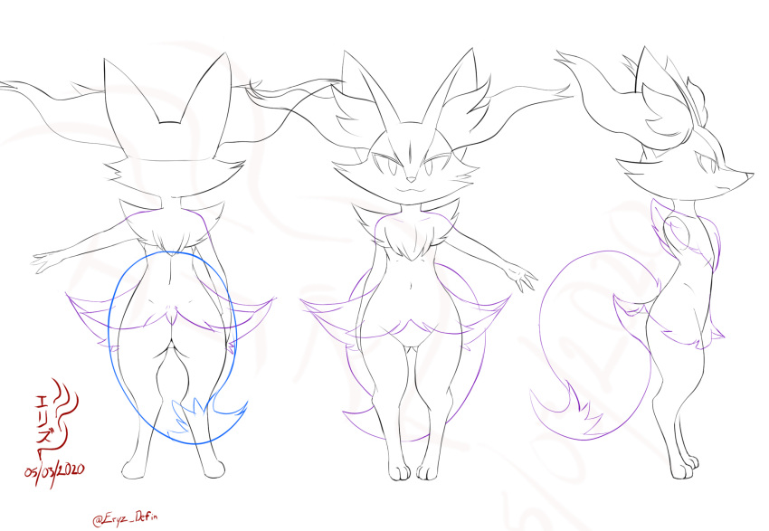 1girl :3 animal_ear_fluff animal_ears animal_nose arm_up artist_name ass ass_visible_through_thighs back body_fur braixen closed_mouth collarbone commentary dated english_commentary eryz flat_chest fox_ears fox_girl fox_tail from_behind from_side full_body furry gen_6_pokemon groin happy highres lineart monochrome multiple_views navel no_pussy outstretched_arm paws pigeon-toed pokemon pokemon_(creature) profile signature simple_background sketch smile snout standing stomach straight-on tail twitter_username white_background x-ray