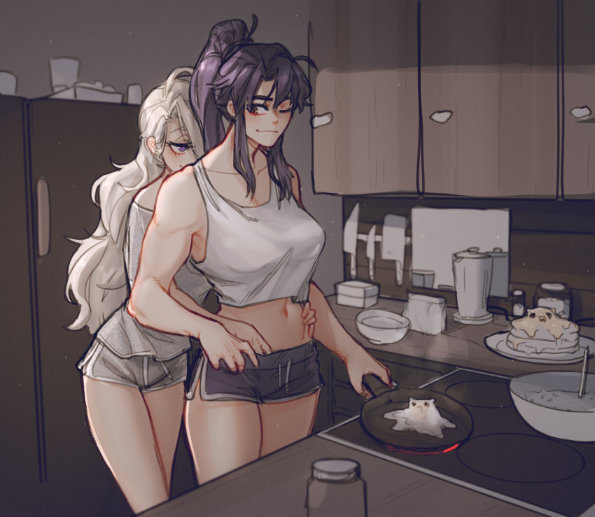 2girls bangs bare_arms bare_shoulders black_hair black_shorts breasts collarbone commentary commission cooking crop_top food frying_pan grey_hair grey_shirt hands_on_another's_hips high_ponytail highres indoors kitchen knife large_breasts long_hair looking_at_another midriff multiple_girls navel original pink_eyes ponytail popopoka shirt short_shorts shorts smile standing violet_eyes white_shirt yuri