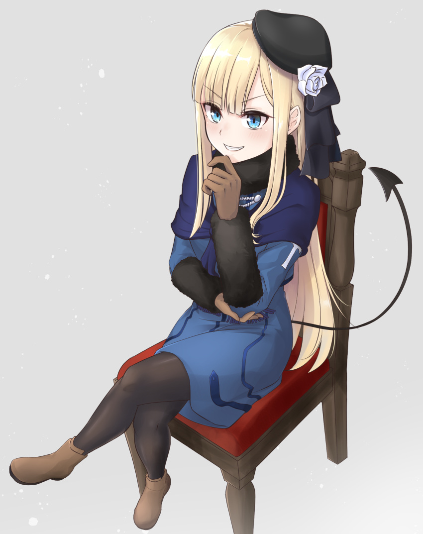 1girl arm_rest bangs beret black_legwear blonde_hair blue_dress blue_eyes blunt_bangs blush boots brown_gloves brown_legwear capelet crossed_legs demon_tail dress fate_(series) full_body gloves grin hat head_rest highres hime_cut long_hair long_sleeves looking_away lord_el-melloi_ii_case_files on_chair pantyhose pencil_dress reines_el-melloi_archisorte scarf sidelocks sitting smile solo straight_hair tail tsurupy v-shaped_eyebrows