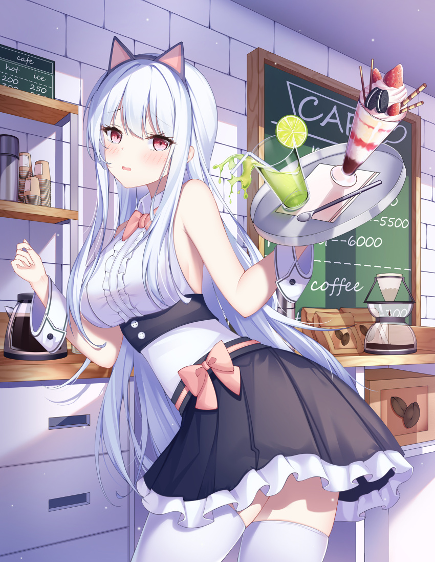 1girl azur_lane blush bow bow_dress bowtie breasts cafe dido_(azur_lane) dress ear_ribbon hairband hand_up highres holding holding_tray kitchen lin_(user_uzmw2535) long_hair looking_at_viewer maid pink_bow pink_neckwear red_eyes silver_hair solo standing thigh-highs tray white_legwear