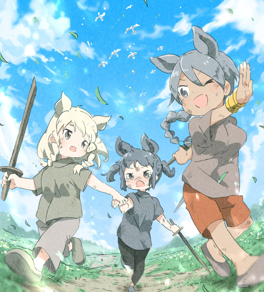 3girls absurdres alternate_costume alternate_hairstyle animal animal_ears bird black_hair black_rhinoceros_(kemono_friends) blonde_hair blue_sky bracelet braid braided_ponytail child day drill_hair extra_ears fisheye grey_eyes grey_eyes grey_hair hair_between_eyes hakoneko_(marisa19899200) highres holding holding_hands indian_rhinoceros_(kemono_friends) jewelry kemono_friends long_hair looking_at_another medium_hair multiple_girls one_eye_closed open_mouth outdoors outstretched_arm pants rhinoceros_ears running scratches shirt shoes short_sleeves shorts sidelocks sky smile sword tail tan tearing_up toy_sword twin_drills two_side_up v-shaped_eyebrows weapon white_rhinoceros_(kemono_friends) wind wooden_sword younger