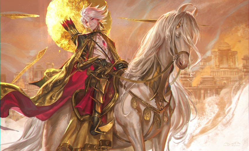 1boy 1other animal armor arrow_(projectile) cape chest_jewel choker egawa_akira fate/apocrypha fate_(series) gem gold highres horse horseback_riding karna_(fate) male_focus pale_skin reins riding saddle short_hair spiked_choker spikes spiky_hair sun white_horse