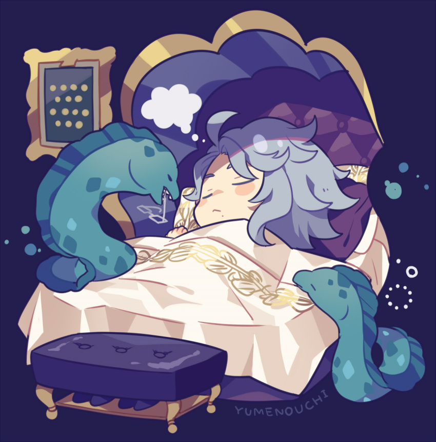 1boy :&lt; ahoge animal artist_name azul_ashengrotto blanket blush_stickers bubble chibi closed_eyes closed_mouth eel eyewear_removed fish grey-framed_eyewear highres light_blue_hair lying male_focus mole mole_under_mouth mouth_hold on_bed painting_(object) picture_frame pillow short_hair sleeping solo tagme thought_bubble twisted_wonderland under_covers yumenouchi_chiharu