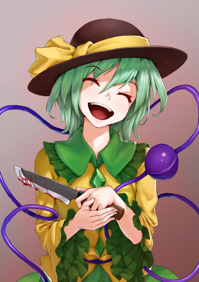 1girl bangs black_headwear blood bloody_knife brown_background closed_eyes collared_shirt commentary eyeball eyebrows_visible_through_hair eyes_visible_through_hair frilled_shirt_collar frilled_sleeves frills green_hair green_skirt hair_between_eyes hat hat_ribbon highres holding holding_knife knife komeiji_koishi long_sleeves medium_hair open_mouth ribbon shirt skirt solo sy4 third_eye tongue touhou upper_body upper_teeth wide_sleeves yellow_ribbon yellow_shirt