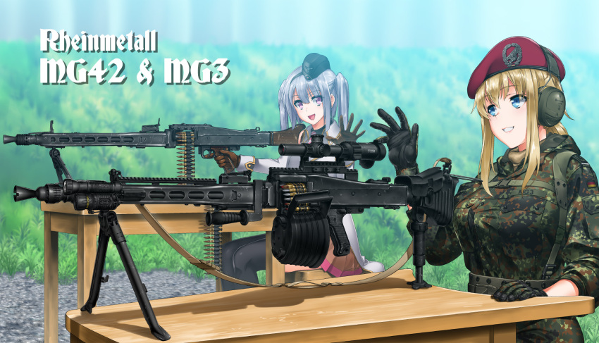 2girls ammunition_belt beret bipod black_gloves black_legwear blonde_hair blue_eyes brown_gloves camouflage drum_magazine emblem english_text flashlight german_flag girls_frontline gloves grass gravel gun hat headphones henshako highres laser_sight light_machine_gun looking_at_another machine_gun mg3 mg3_(girls_frontline) mg42 mg42_(girls_frontline) military military_uniform multiple_girls necktie open_mouth pleated_skirt scope sight skirt sling table thigh-highs trigger_discipline twintails uniform violet_eyes waving weapon white_hair woodland_camouflage