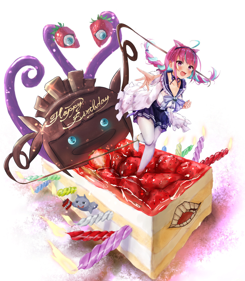 1girl :d absurdres ahoge animal_ears bangs birthday blue_choker blue_hair blue_skirt blunt_bangs blush bow bowtie braid breasts cake cat_ears cat_girl choker collarbone fang food framed_breasts frilled_shirt_collar frills full_body hairband happy_birthday high-waist_skirt highres hololive huge_filesize jacket large_breasts long_hair long_sleeves looking_at_viewer minato_aqua monster mugiusagi multicolored_hair neko_(minato_aqua) no_shoes open_mouth pantyhose pleated_skirt purple_hair restrained ribbon_choker sailor_collar shirt sidelocks skin_fang skirt smile solo streaked_hair suspender_skirt suspenders tentacles translation_request twin_braids twintails two-tone_hair underbust violet_eyes virtual_youtuber white_jacket white_legwear white_shirt