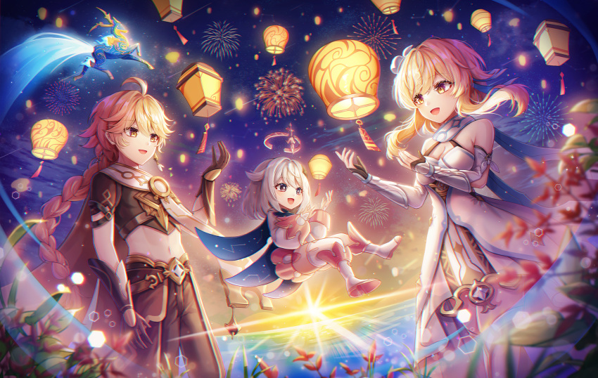 1boy 2girls :d aerial_fireworks aether_(genshin_impact) ahoge bangs bare_shoulders blonde_hair boots braid braided_ponytail breasts brother_and_sister brown_gloves brown_pants brown_shirt cape commentary_request crop_top detached_sleeves dress elbow_gloves eyebrows_visible_through_hair fireworks floating genshin_impact gloves hayun highres lantern lantern_festival long_hair long_sleeves lumine_(genshin_impact) medium_breasts medium_hair multiple_girls ocean open_mouth paimon_(genshin_impact) pants partially_fingerless_gloves plant shirt siblings sidelocks sky_lantern smile sunset white_dress white_footwear white_gloves white_hair white_legwear