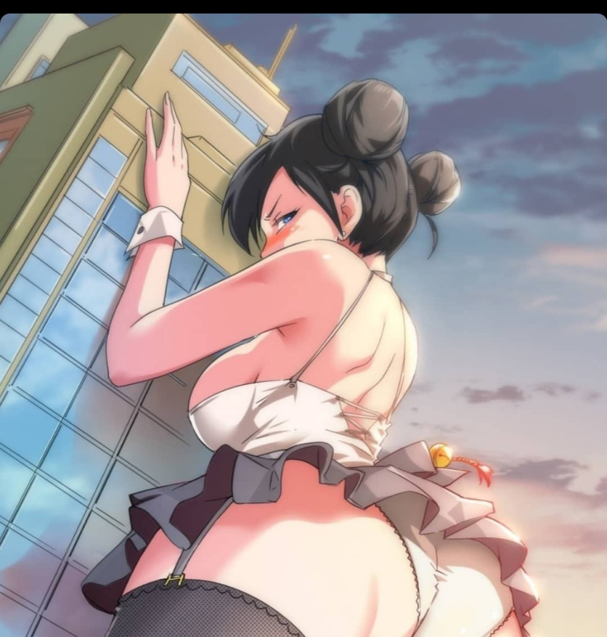 1girl against_wall ass back bell black_hair blue_eyes blush breasts building giant hair_bun huge_breasts miniskirt panties short_hair solo thigh_strap thighhighs white_panties