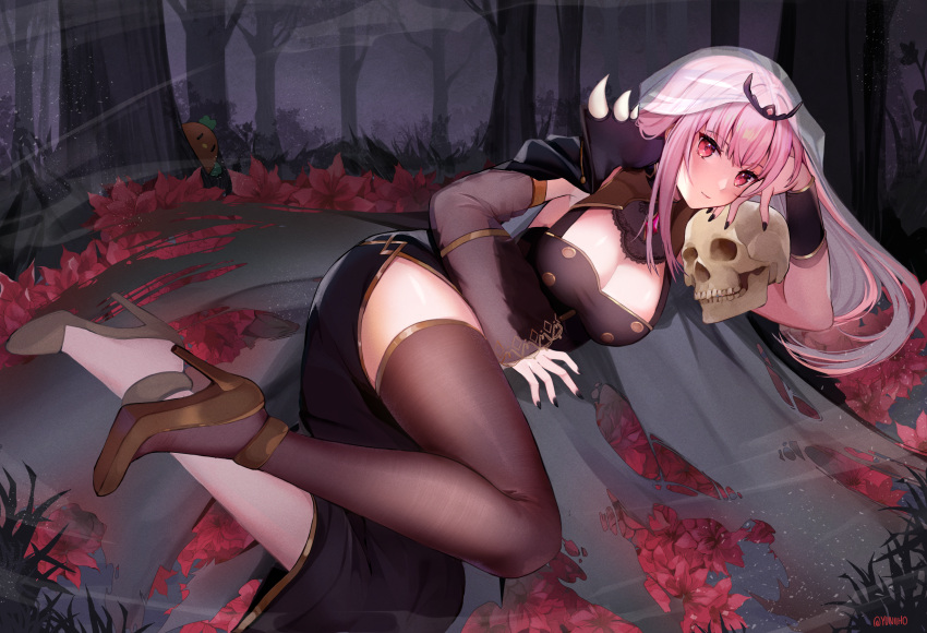 1girl absurdres black_dress black_legwear black_nails breasts dress forest high_heels highres hololive hololive_english huge_filesize large_breasts long_hair lying mori_calliope nail_polish nature pink_eyes pink_hair skull thigh-highs tiara veil virtual_youtuber yuniiho