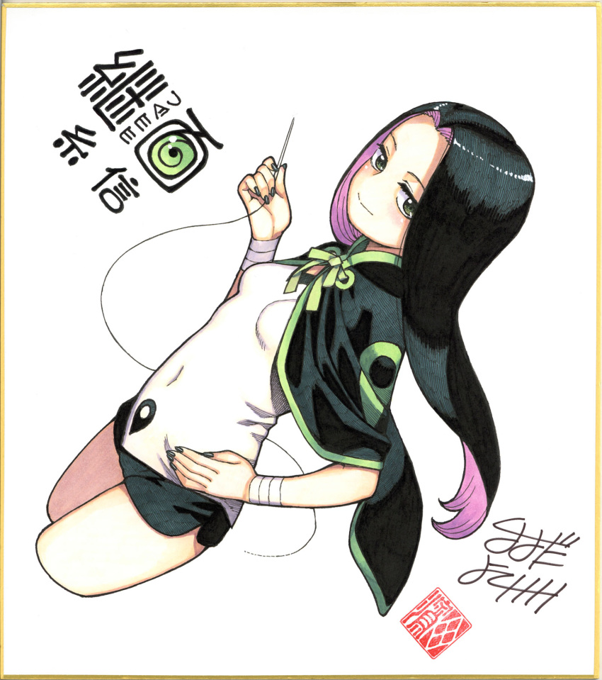1girl bangs black_hair black_nails breasts capelet colored_inner_hair commentary_request cropped_legs green_eyes hamada_yoshikazu hand_on_hip highres long_hair looking_at_viewer multicolored_hair needle official_art parted_bangs pink_hair shikishi shinobu_(tsugumomo) signature simple_background small_breasts smile solo string traditional_media tsugumomo white_background