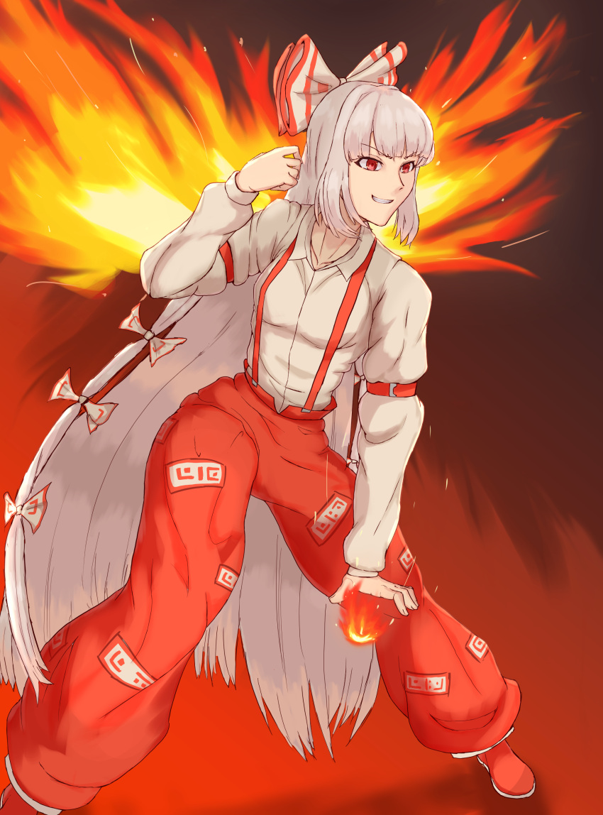 1girl absurdres baggy_pants bangs belt bow collared_shirt commentary commentary_request eyebrows_visible_through_hair fiery_wings fire fujiwara_no_mokou grin hair_bow hair_ribbon highres hime_cut hound_(ddda3110) long_hair long_sleeves ofuda pants pyrokinesis red_background red_eyes red_footwear red_pants ribbon shirt shoes sidelocks silver_hair smile solo suspenders touhou very_long_hair white_hair white_shirt