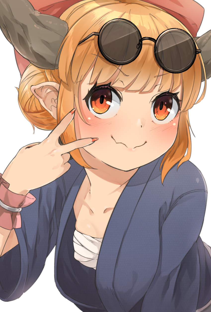 1girl alternate_costume alternate_hairstyle bangs collarbone eyebrows_visible_through_hair eyewear_on_head hair_bun hair_up highres horns ibuki_suika nishiuri open_clothes orange_eyes orange_hair pointy_ears round_eyewear sarashi simple_background smile solo sunglasses touhou upper_body v wavy_mouth white_background wrist_cuffs