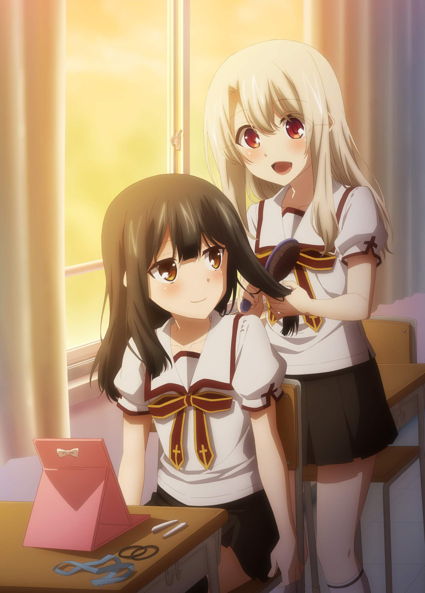 2girls :d absurdres black_hair black_legwear black_skirt blush brown_eyes brushing_another's_hair chair classroom closed_mouth collarbone desk fate/kaleid_liner_prisma_illya fate_(series) highres holding holding_brush illyasviel_von_einzbern indoors kneehighs long_hair miniskirt miyu_edelfelt multiple_girls open_mouth pleated_skirt red_eyes school_uniform shiny shiny_hair shirt short_sleeves silver_hair skirt smile thigh-highs white_legwear white_shirt zettai_ryouiki