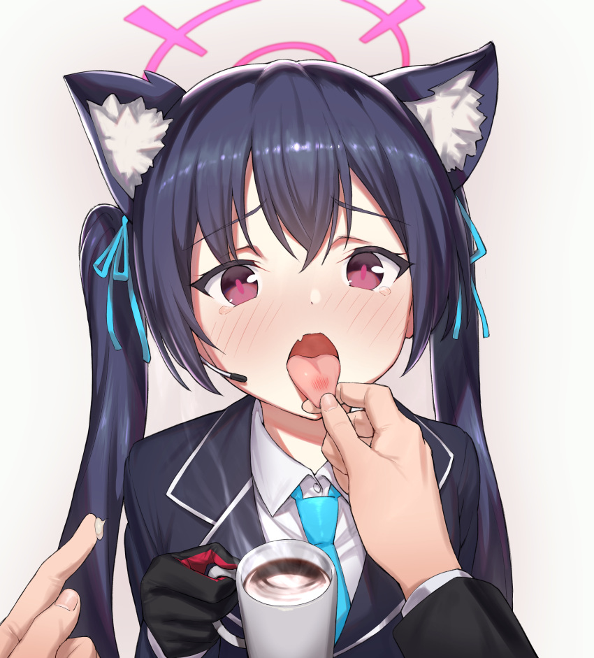 1girl absurdres animal_ear_fluff animal_ears bangs black_gloves blazer blue_archive blue_neckwear blush bow cat_ears cat_girl collared_shirt cup erubesuto eyebrows_visible_through_hair fang gloves hair_bow halo hand_up highres holding holding_cup jacket long_hair long_sleeves looking_at_viewer mug necktie open_mouth purple_hair serika_(blue_archive) shirt sidelocks skin_fang solo_focus tears tongue tongue_out twintails upper_body violet_eyes white_background white_shirt