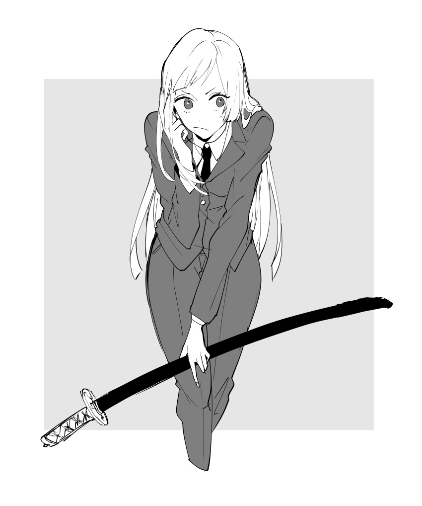 1girl absurdres asymmetrical_bangs bangs breasts closed_mouth collared_shirt commentary cowboy_shot eyelashes formal frown grey_background greyscale hand_in_hair highres holding holding_sword holding_weapon jujutsu_kaisen katana leaning_forward long_hair long_sleeves looking_to_the_side miwa_kasumi monochrome necktie pant_suit pants shikiya shirt simple_background small_breasts solo straight_hair suit sword weapon wing_collar