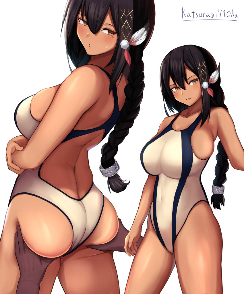 1girl alternate_costume artist_name ass ass_grab azur_lane backless_swimsuit bare_shoulders black_hair braid breasts competition_swimsuit covered_navel dark_skin dark-skinned_female hair_between_eyes hair_ornament highres impossible_clothes impossible_swimsuit katsuragi_nantoka large_breasts long_hair native_american one-piece_swimsuit simple_background south_dakota_(azur_lane) swimsuit swimwear white_background white_swimsuit yellow_eyes